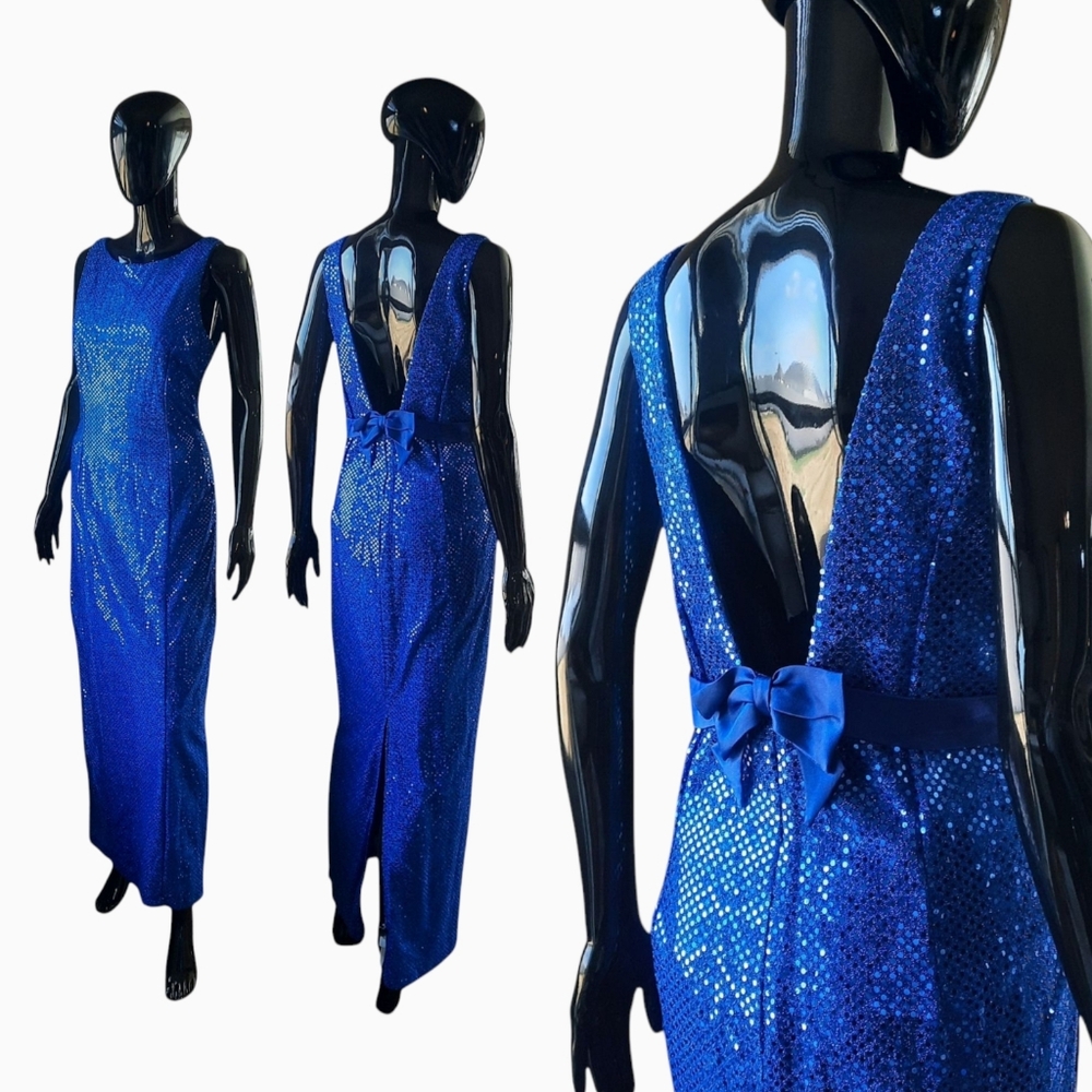 Vintage Bari Jay Blue Sequin Bow Backless Evening Dress | Made in USA Size 13/14